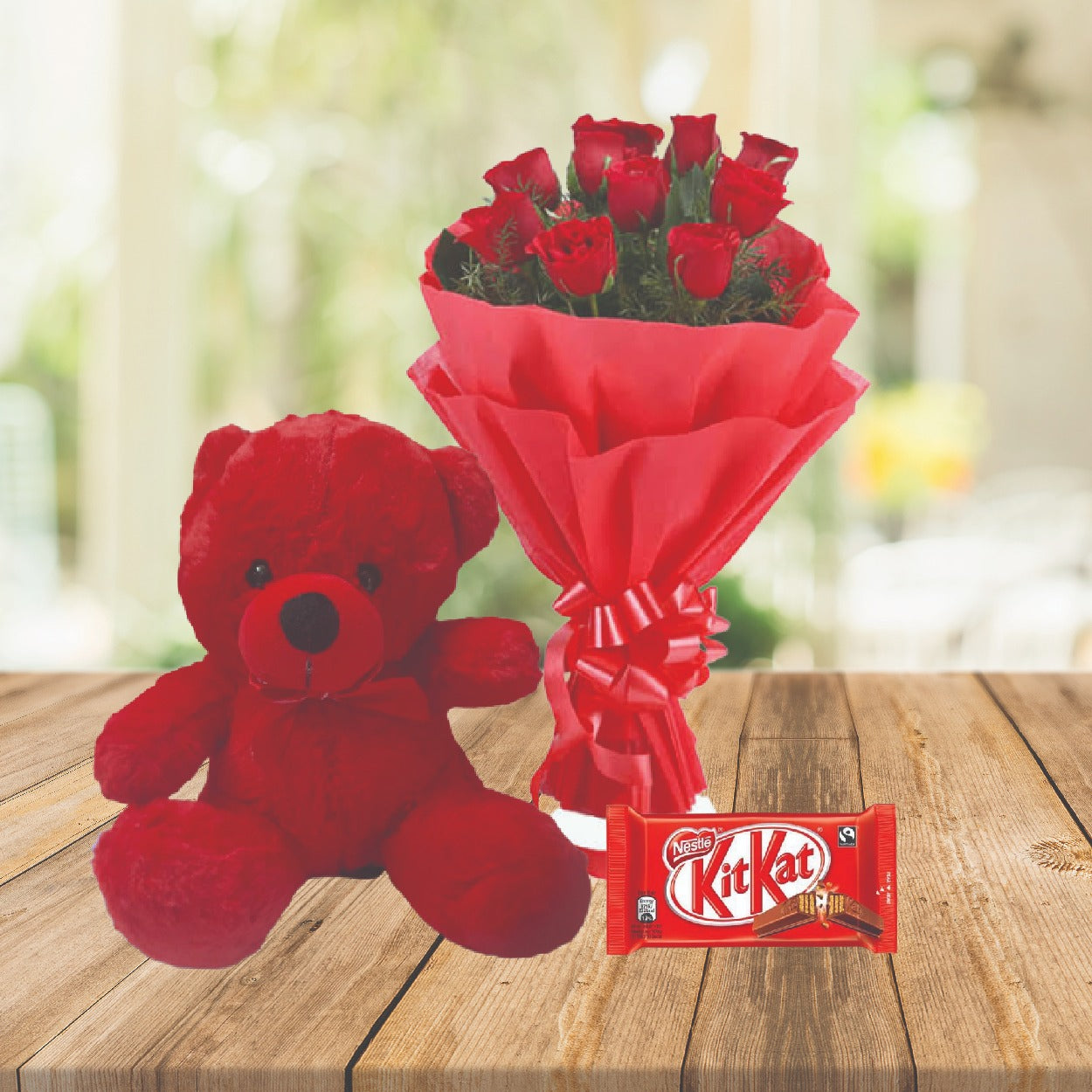 10-Red-Roses-and-Red-Teddy-with-Kitkat-chocolate-Free 10-Red-Roses-and-Red-Teddy-with-Kitkat-chocolate-Free
