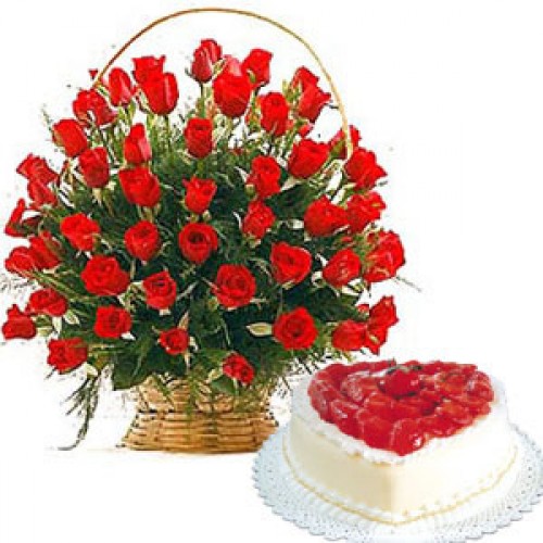 Romantic Rhapsody: 50 Red Roses Bouquet & Heart-Shaped 1/2 kg Cake