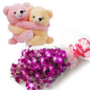 Petals and Bears: Orchid Bouquet with Hugging Teddies Petals and Bears: Orchid Bouquet with Hugging Teddies