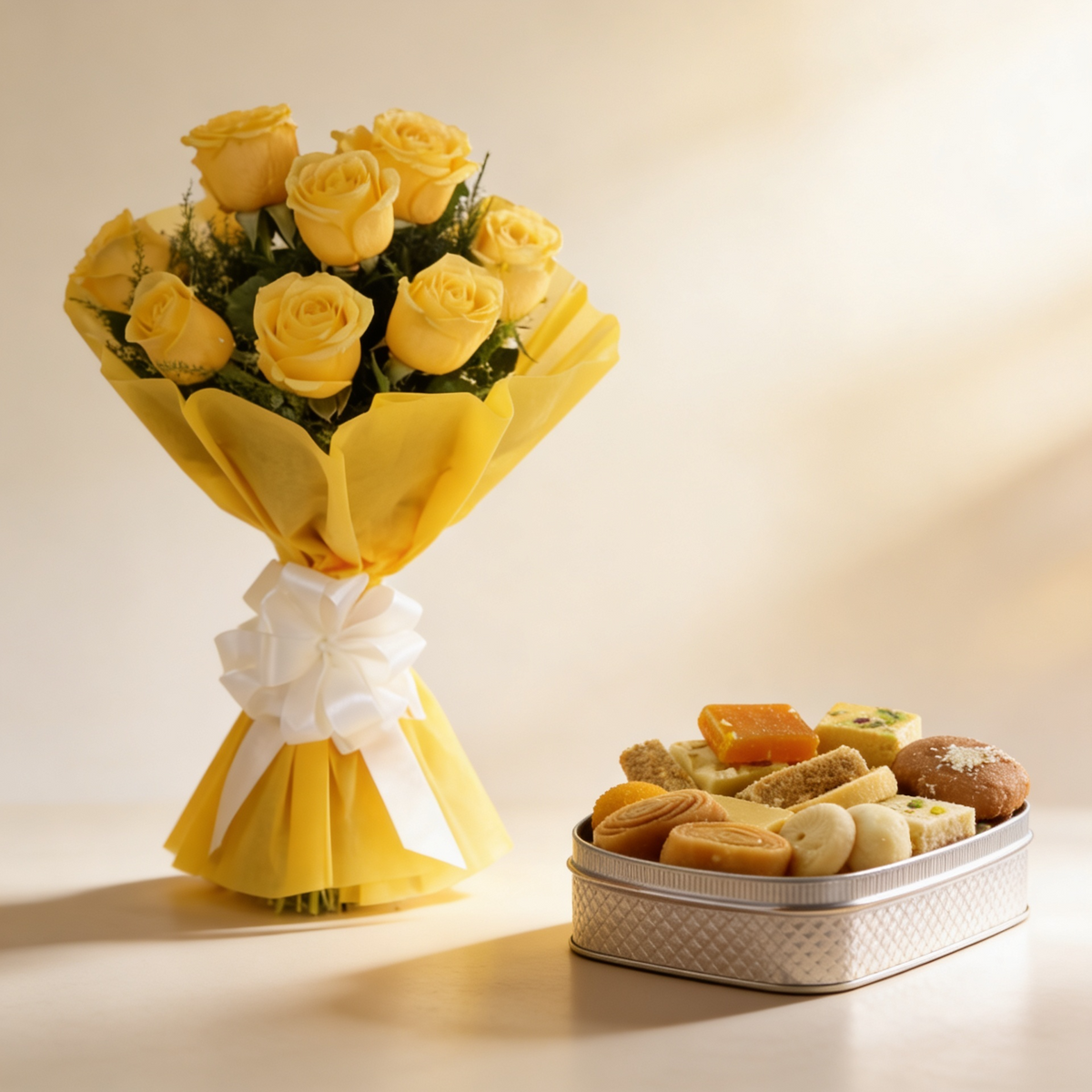 Sunshine Bouquet: 10 Yellow Roses and Sweet Box Gift