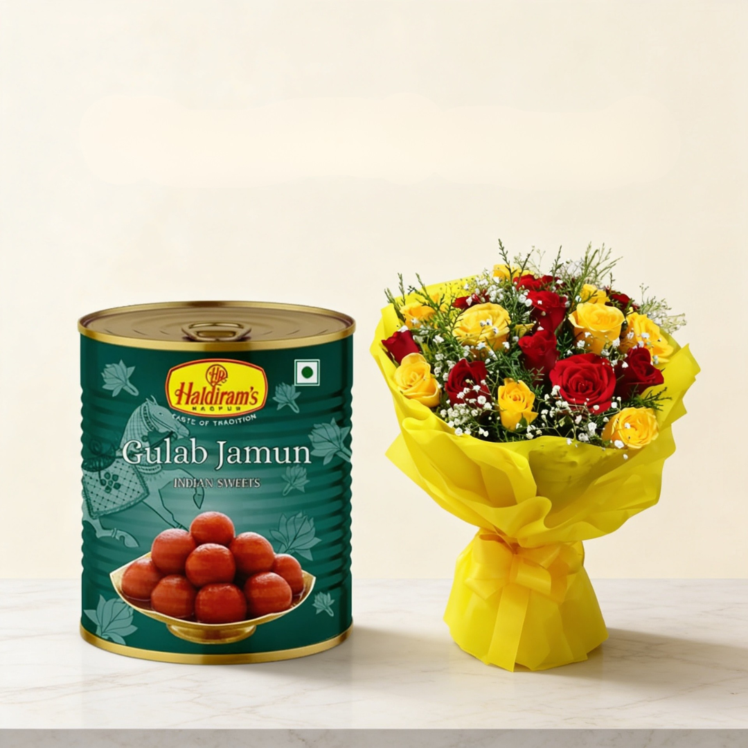 Elegant Harmony: 12 Exquisite Roses and 1 kg of Gulab Jamuns