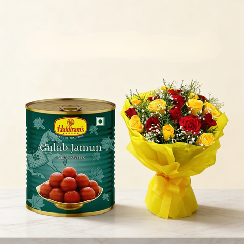Elegant Harmony: 12 Exquisite Roses and 1 kg of Gulab Jamuns