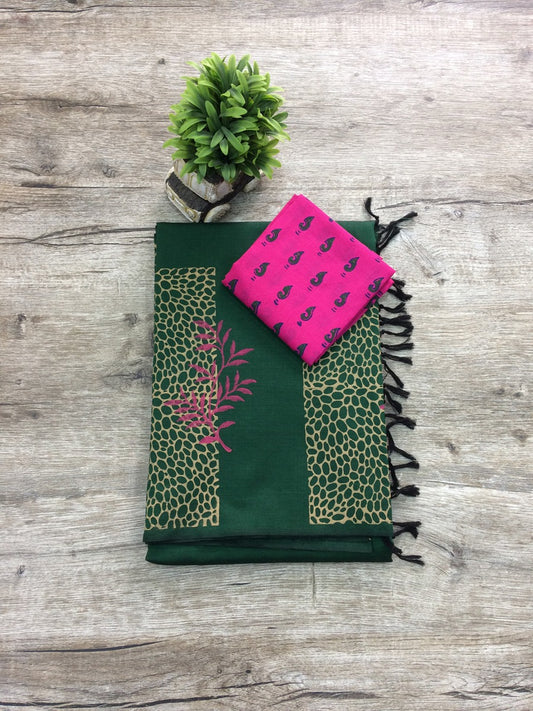 South Indian Cotton Mix Block Printed Sarees - Dark Green Saree and Pink Blouse