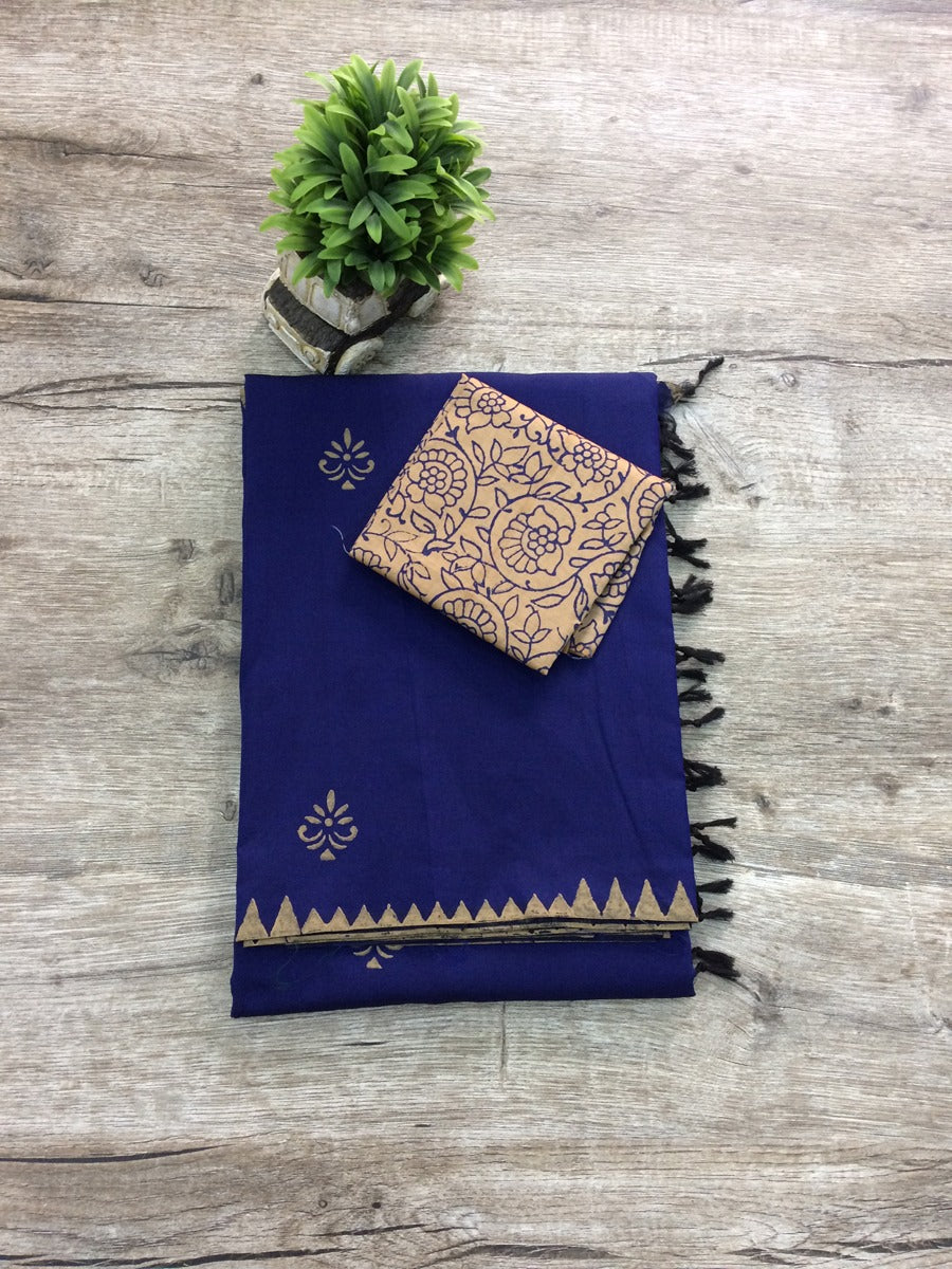 South Indian Cotton Mix Block Printed Sarees - Dark Blue Saree and Sandler's Blouse