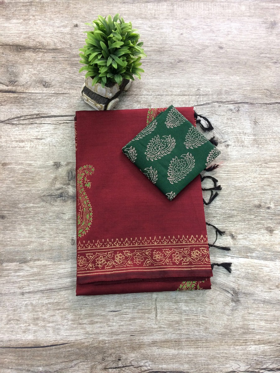 South Indian Cotton Mix Block Printed Sarees - Red and Green Combo