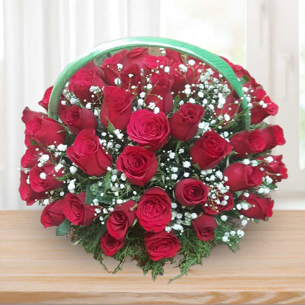 40 Red Rose Basket – Filled with Love & Gypsophila