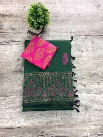 South Indian Cotton Mix Block Printed Sarees - Green and Pink Combo