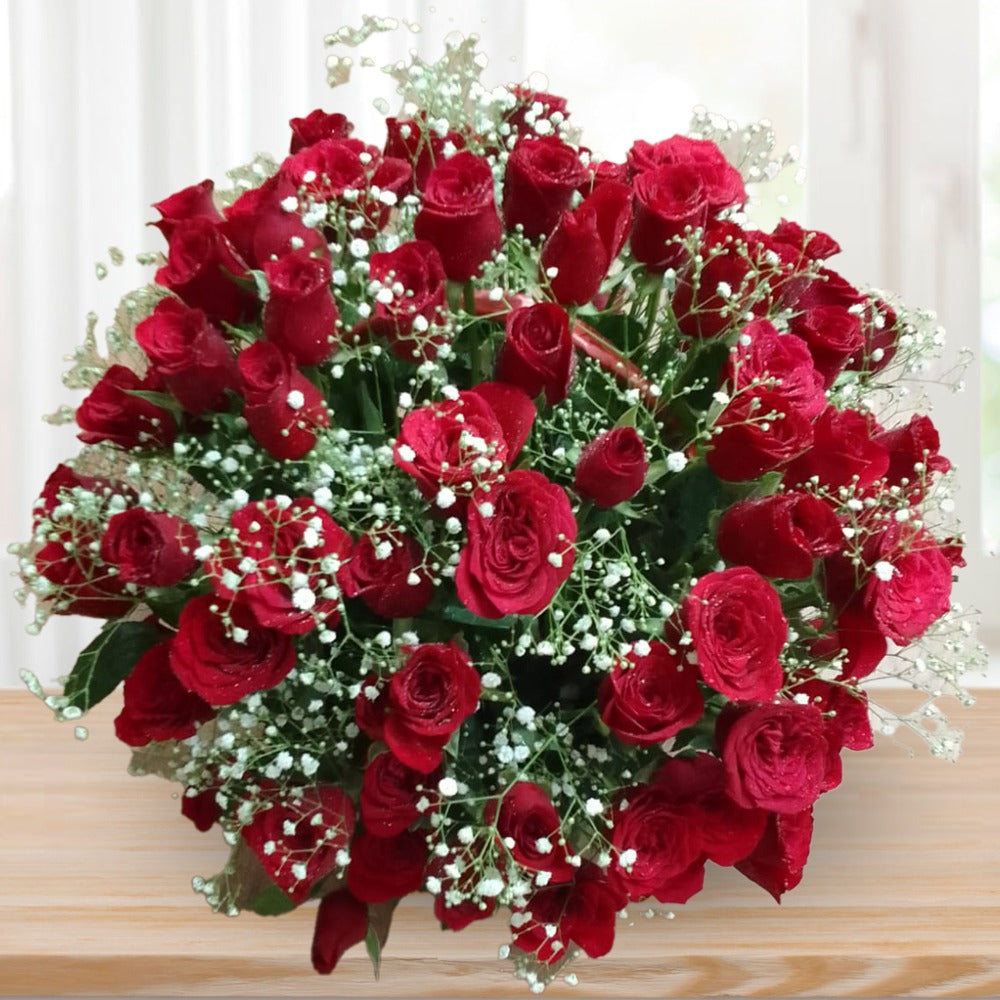 60 Red Rose Basket – Filled with Love & Gypsophila