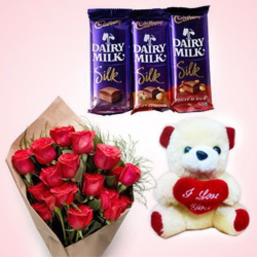 Cupid's Valentine Gift: 15 Roses, 3 Silk Chocolates, Valentine's Teddy