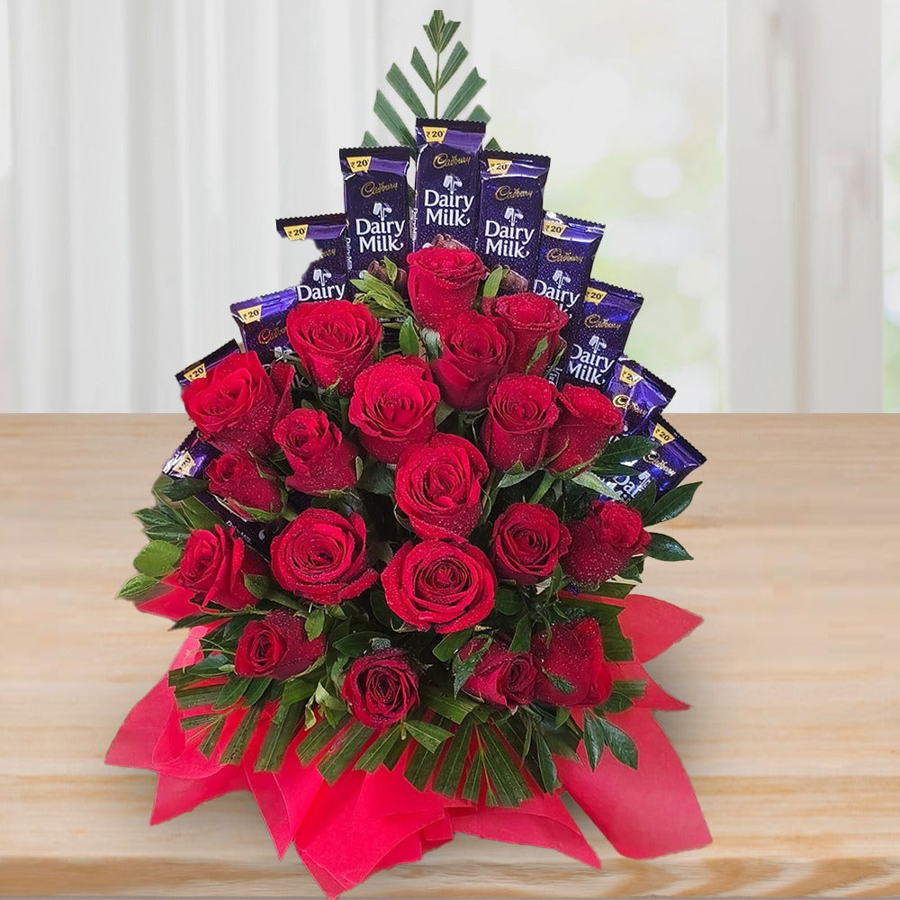 Choco Rose Delight - 10 Diary Milk and 20 Red Roses Basket