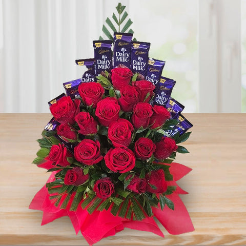 Choco Rose Delight - 10 Diary Milk and 20 Red Roses Basket