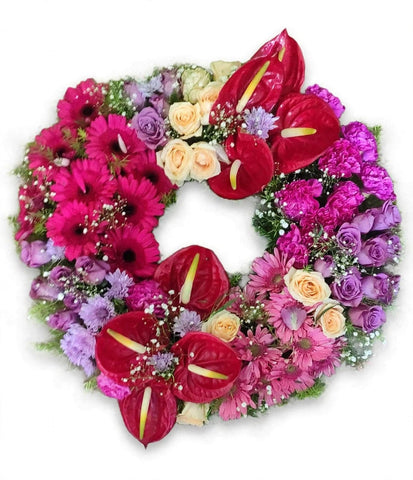 Colourful Heart Wreath - Mixed Roses, Anthurium & Gerbera