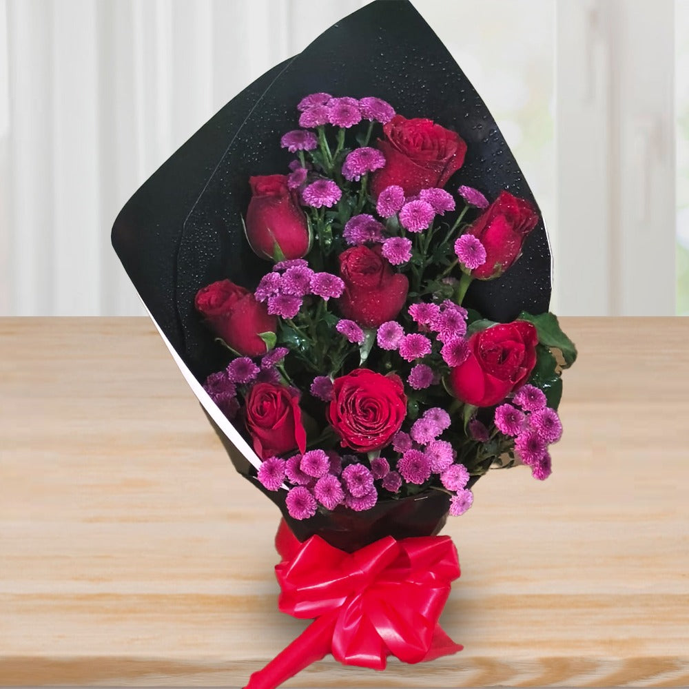 Florist Chennai - Crimson Kiss bouquet of red roses and chrysanthemums, romantic flower gift Chennai