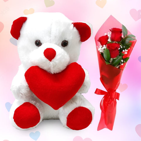 Cute Teddy with 3 Roses