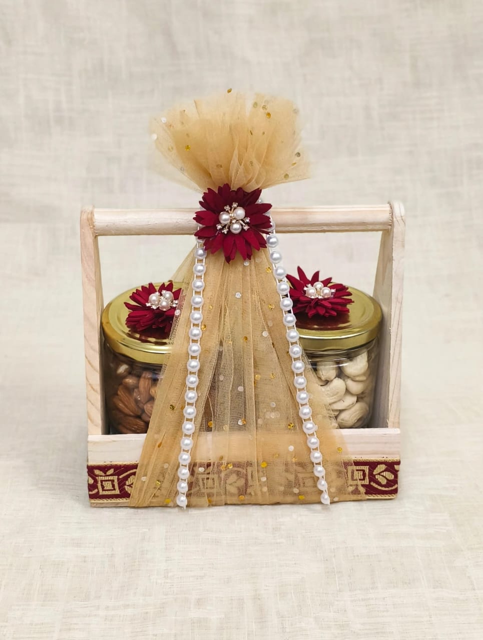 Elegant Wooden Dry Fruit Gift Hamper - 2 Jar Set with Cashews & Almonds