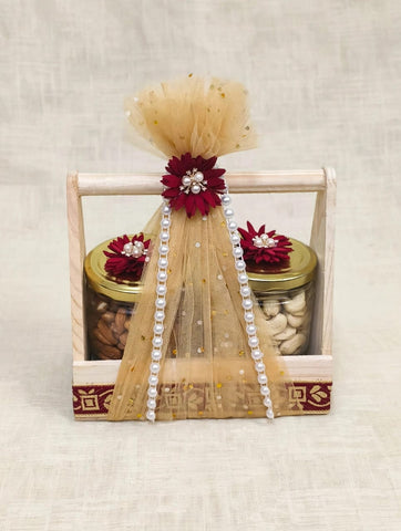 Elegant Wooden Dry Fruit Gift Hamper - 2 Jar Set with Cashews & Almonds
