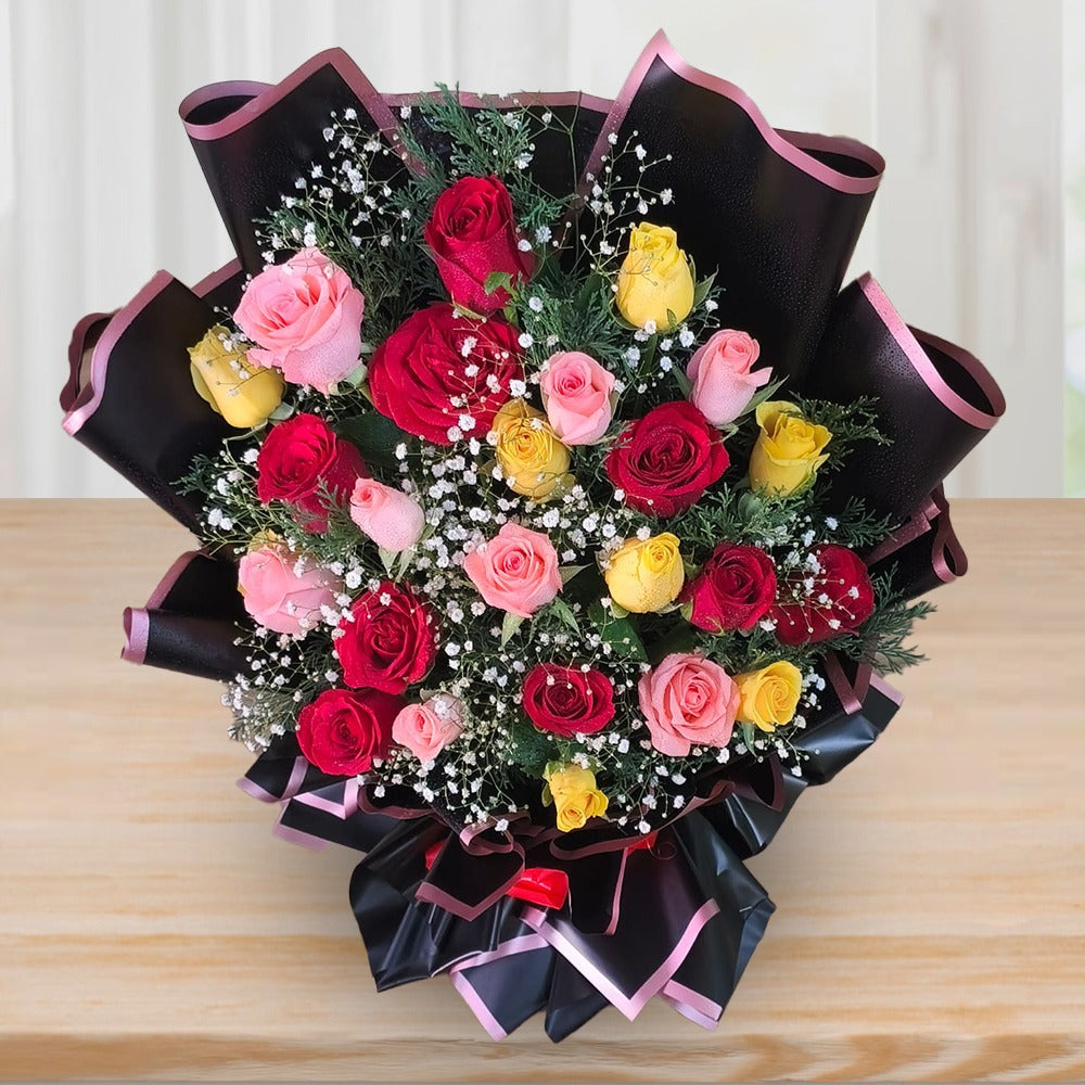 Florist Chennai - 30 colourful mixed roses wrapped in elegant black paper, celebration bouquet Chennai