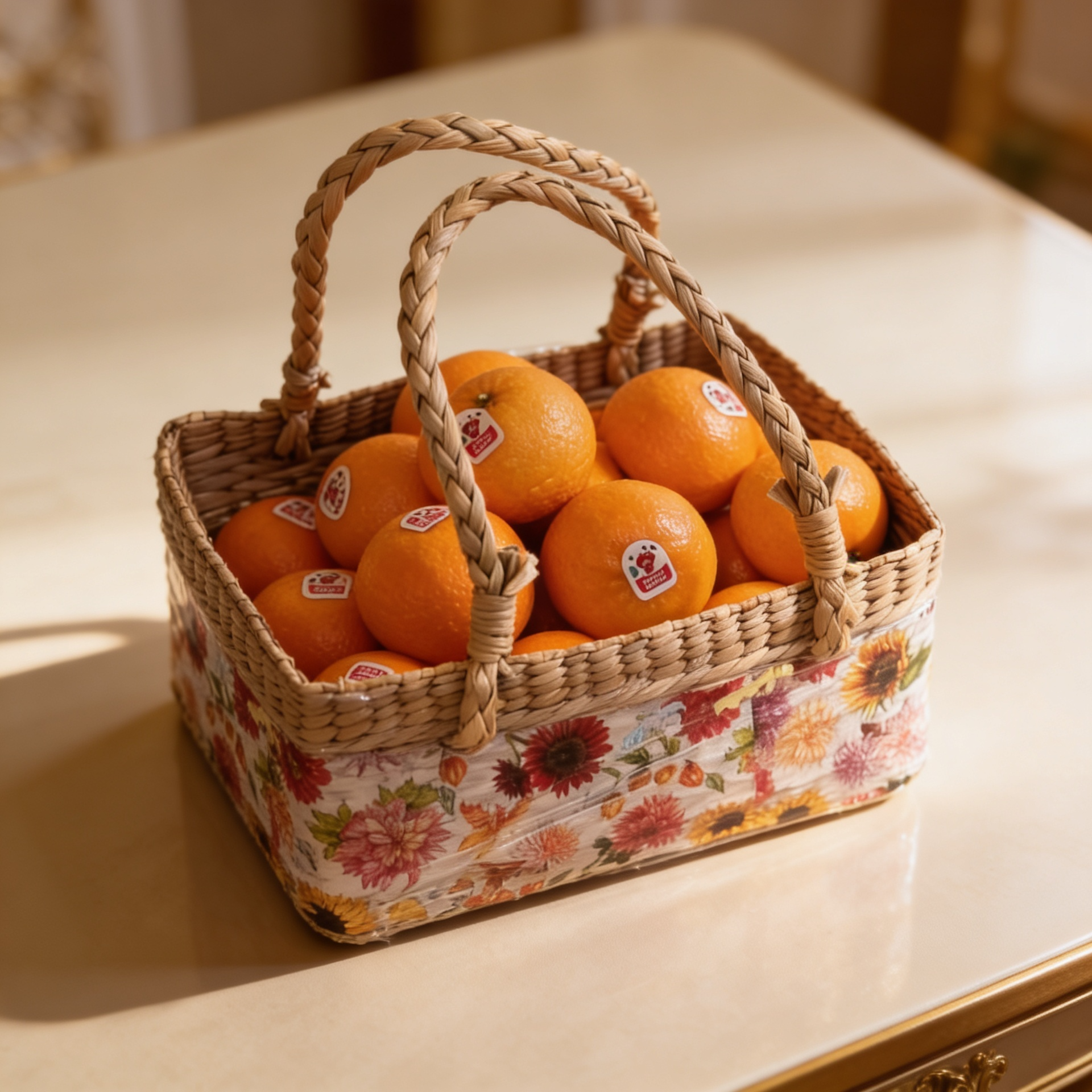 Florist Chennai - Fresh Oranges in Wicker Basket with Floral Liner Get Well Soon Citrus Gift Chennai