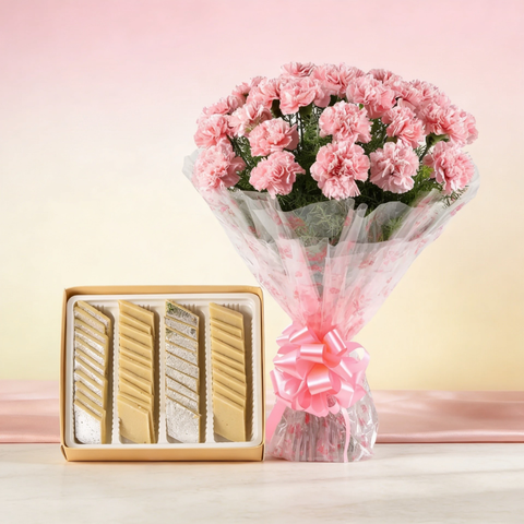 Friendship Blooms: Pink Carnations & Kaju Kathli Delight