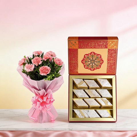 Perfect Pairing: 250g Kaju Kathli with 10 Pink Roses Bouquet