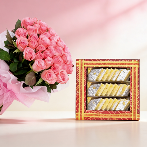 Royal Treat: Pink Roses & Kaju Katli Gift Box