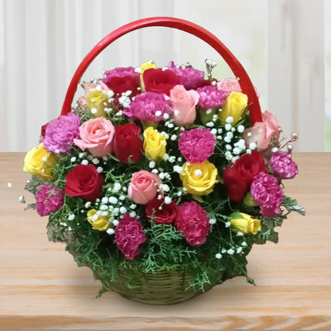 Radiant Mixed Rose & Carnation Basket - Mixed Colour Carnation and Roses
