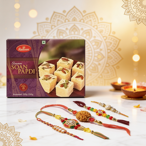 Raksha Bandhan Moments: Soan Papadi with 250 grams and 5 Divine Designer Rakhis