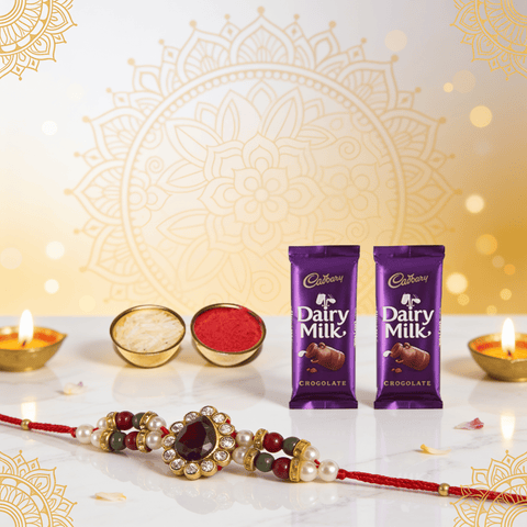 Raksha Bandhan Rakhi Set: Red Stone Rakhi with Kukum, Chawal, and Dairy Milk Silk