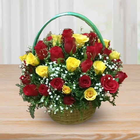 Florist Chennai - Mixed red and yellow roses delight basket, fresh flower delivery in Chennai