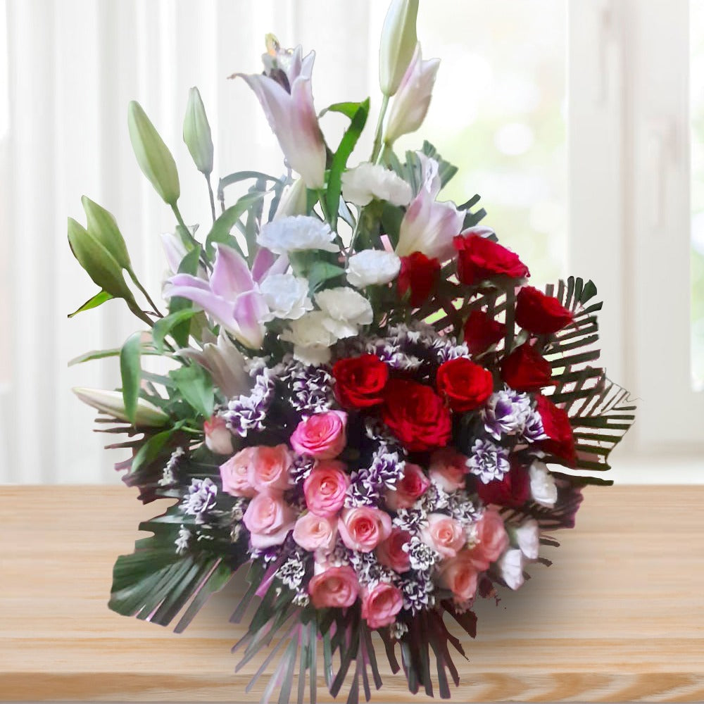 Garden Serenade: Basket of Roses, Lilies, Chrysanthemums & Gypsy