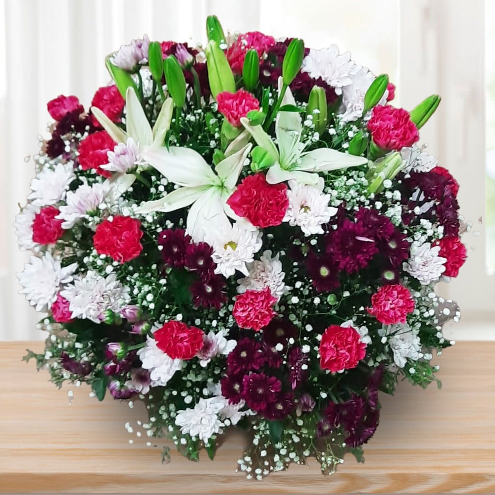 Garden Harmony: Basket of Carnations, Chrysanthemums & Lilies