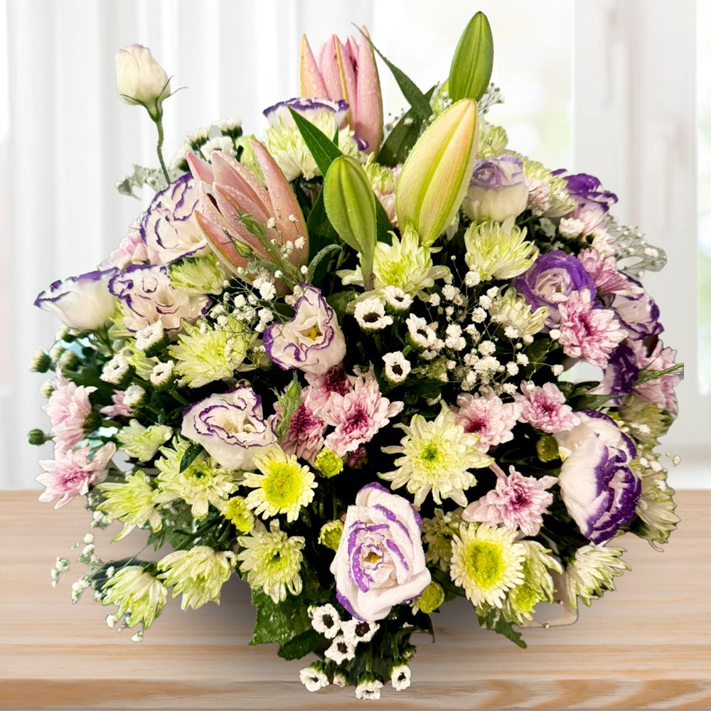 Garden Splendor: Chrysanthemums, Lilies & Carnations in Basket