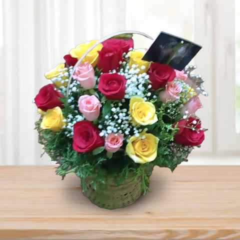 Rainbow Elegance: 39 Vibrant Roses in a Basket