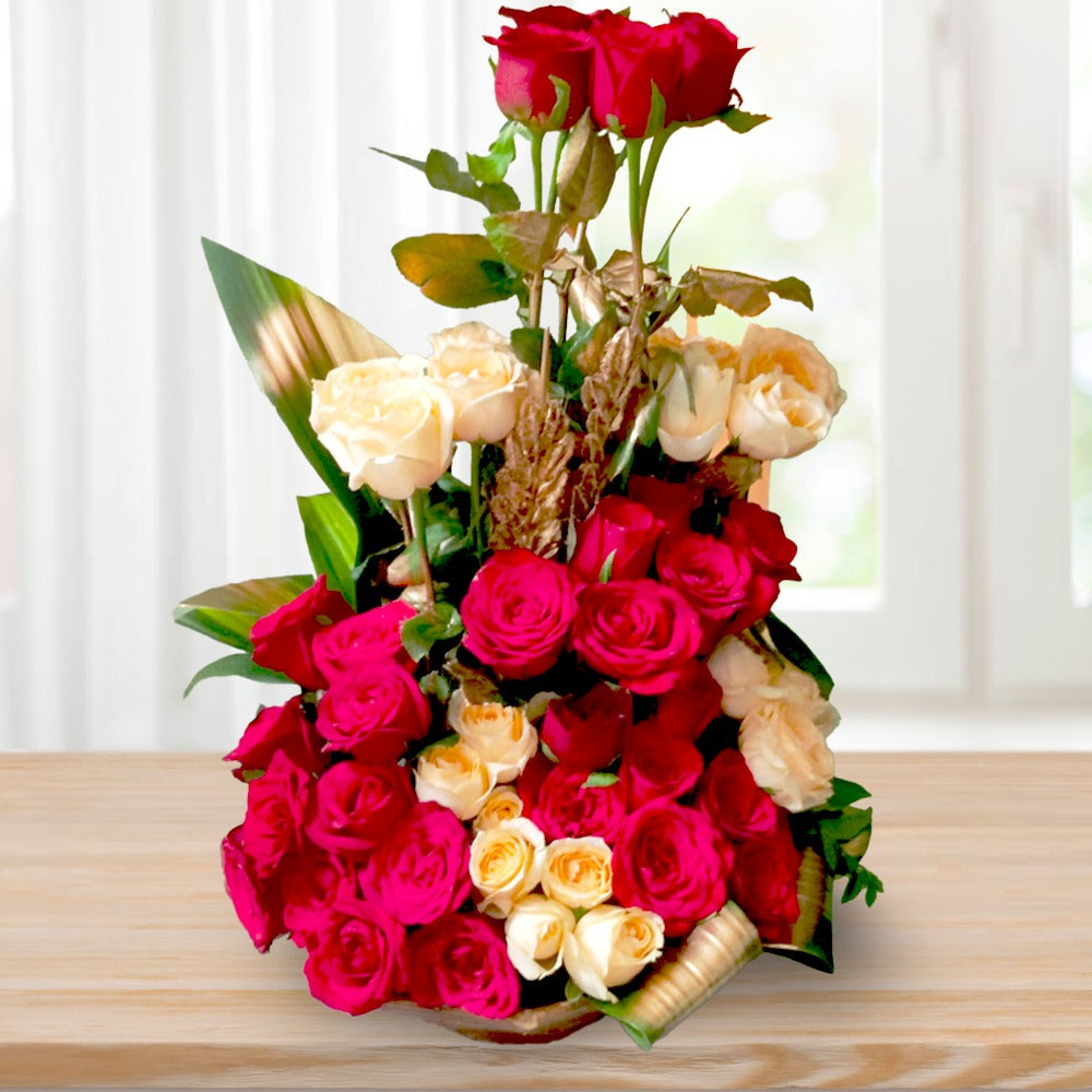 Peach and red roses flower basket : 30 Red Roses and 20 Peach Roses