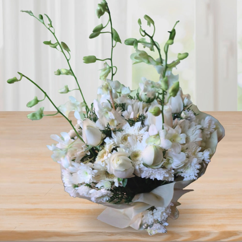 Florist Chennai - White Orchids Grace bouquet of white roses, orchids and chrysanthemums, elegant flower gift Chennai