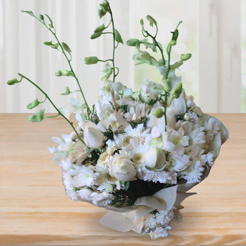 Florist Chennai - White Orchids Grace bouquet of white roses, orchids and chrysanthemums, elegant flower gift Chennai