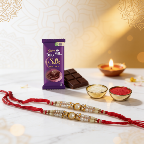 White Beads Rakhi with Dairy Milk Chocolate Gift