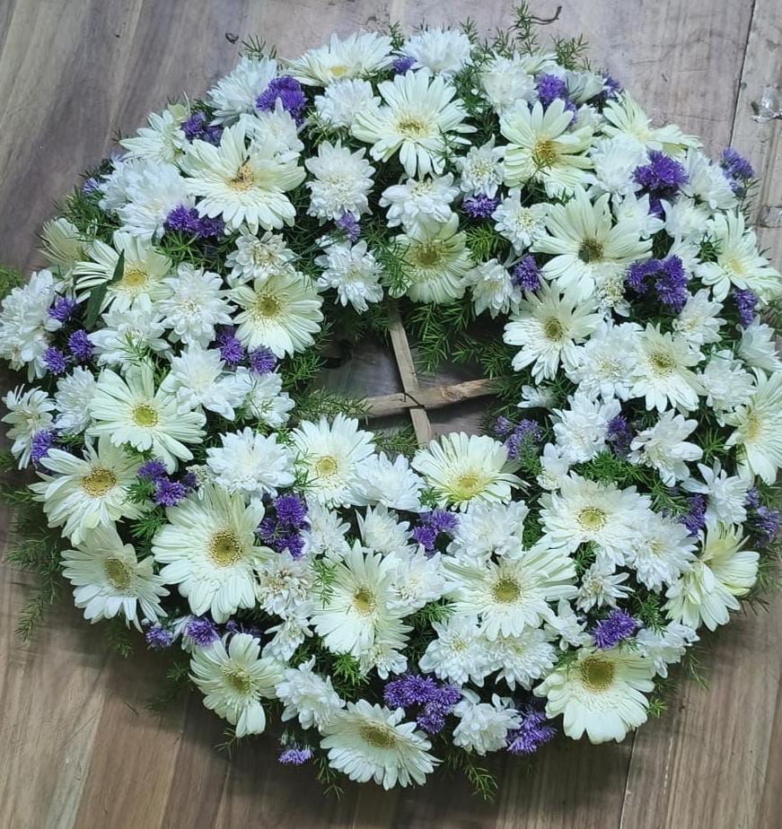 White Gerberas Wreath with Purple Blue Daisies