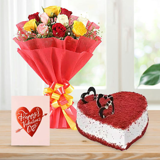 Half kg Red Velvet Cake, 15 Colorful Roses & Wish Card