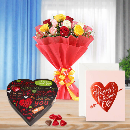 Bouquet of Mixed Roses, Heart Chocolates, Love Card