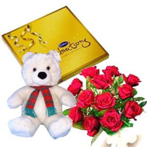 White Teddy, Celebrations Box, and Dozen Red Roses