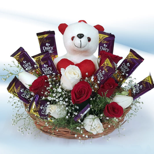 Valentine's Day Teddy, Roses & Dairy Milk Gift