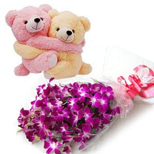 Petals and Bears: Orchid Bouquet with Hugging Teddies