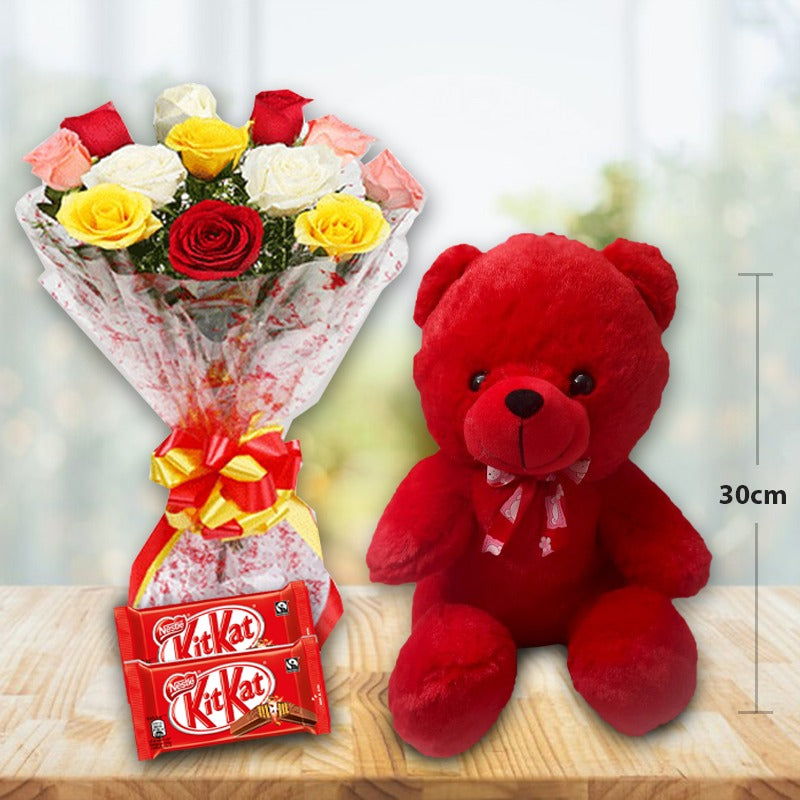 Red-teddy-and-mixed-roses-10-and-2-KitKat.-teddy-30cms