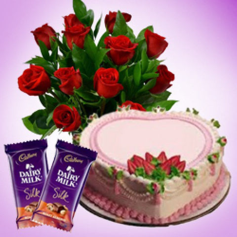 Love Bundle: 1/2 Kg Heart-Shaped Cake, 2 Chocolates, and 10 Red Roses