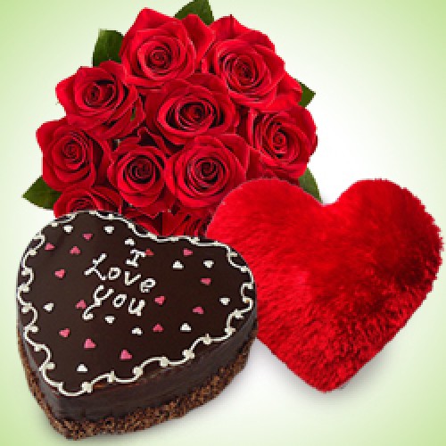 Heart-shaped Cushion and Truffle Cake, Red Roses